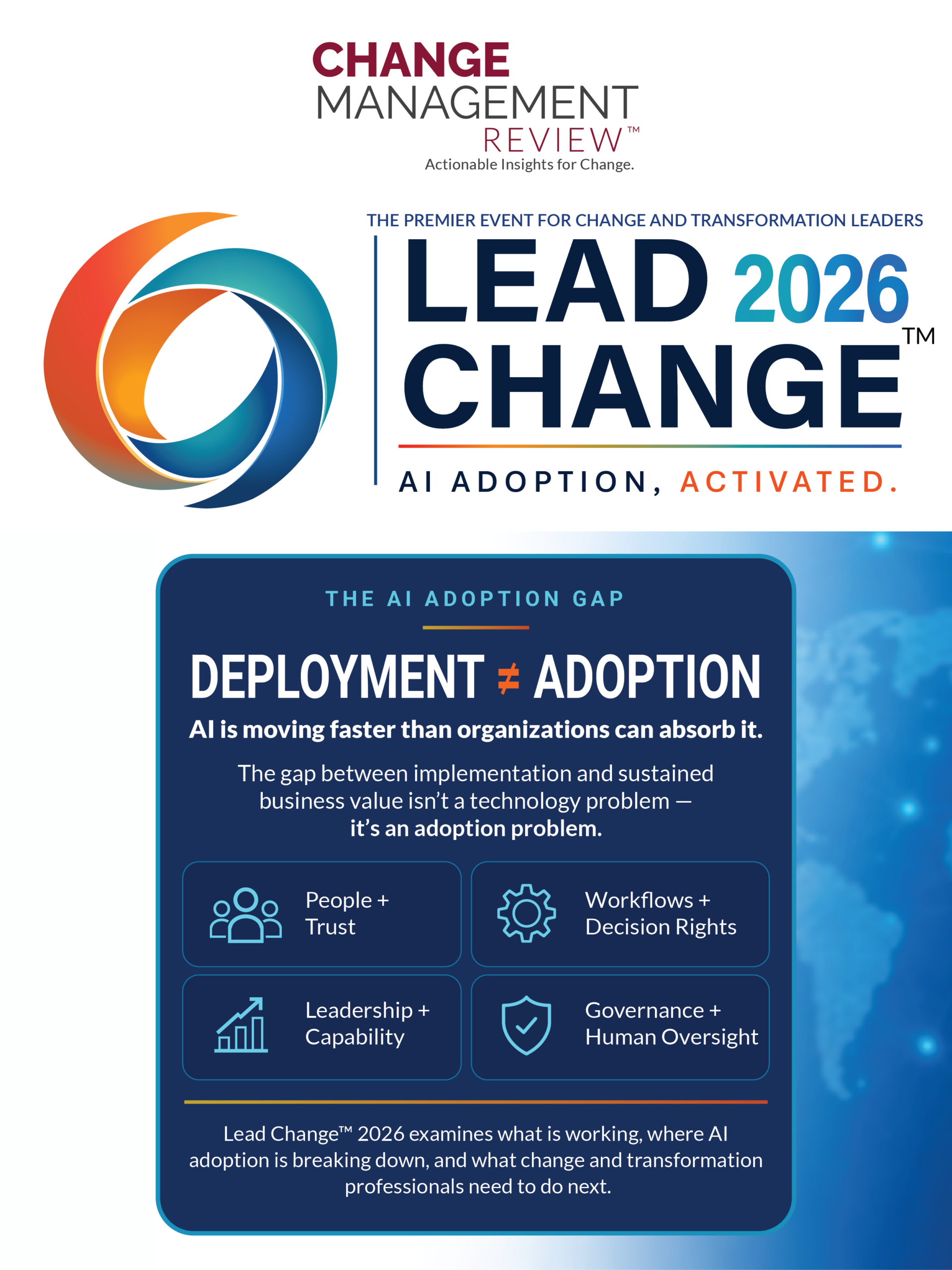 Lead Change 2026: AI Adoption, Activated virtual global summit, November 4, 2026, 9:00 AM–5:00 PM Eastern Time. The event explores the AI adoption gap across people and trust, workflows and decision rights, leadership and capability, and governance and human oversight.